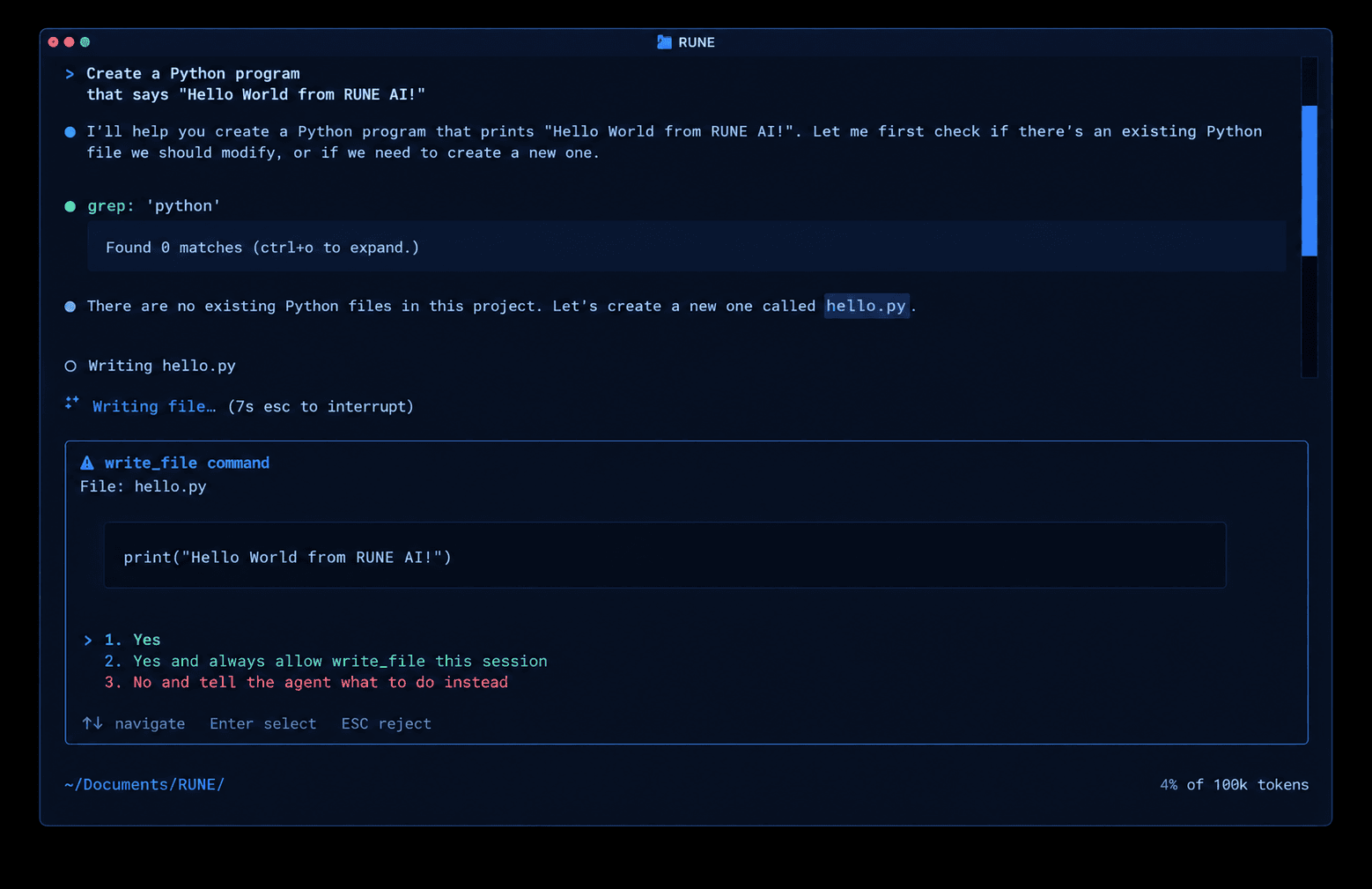RUNE showing a file preview and asking for approval